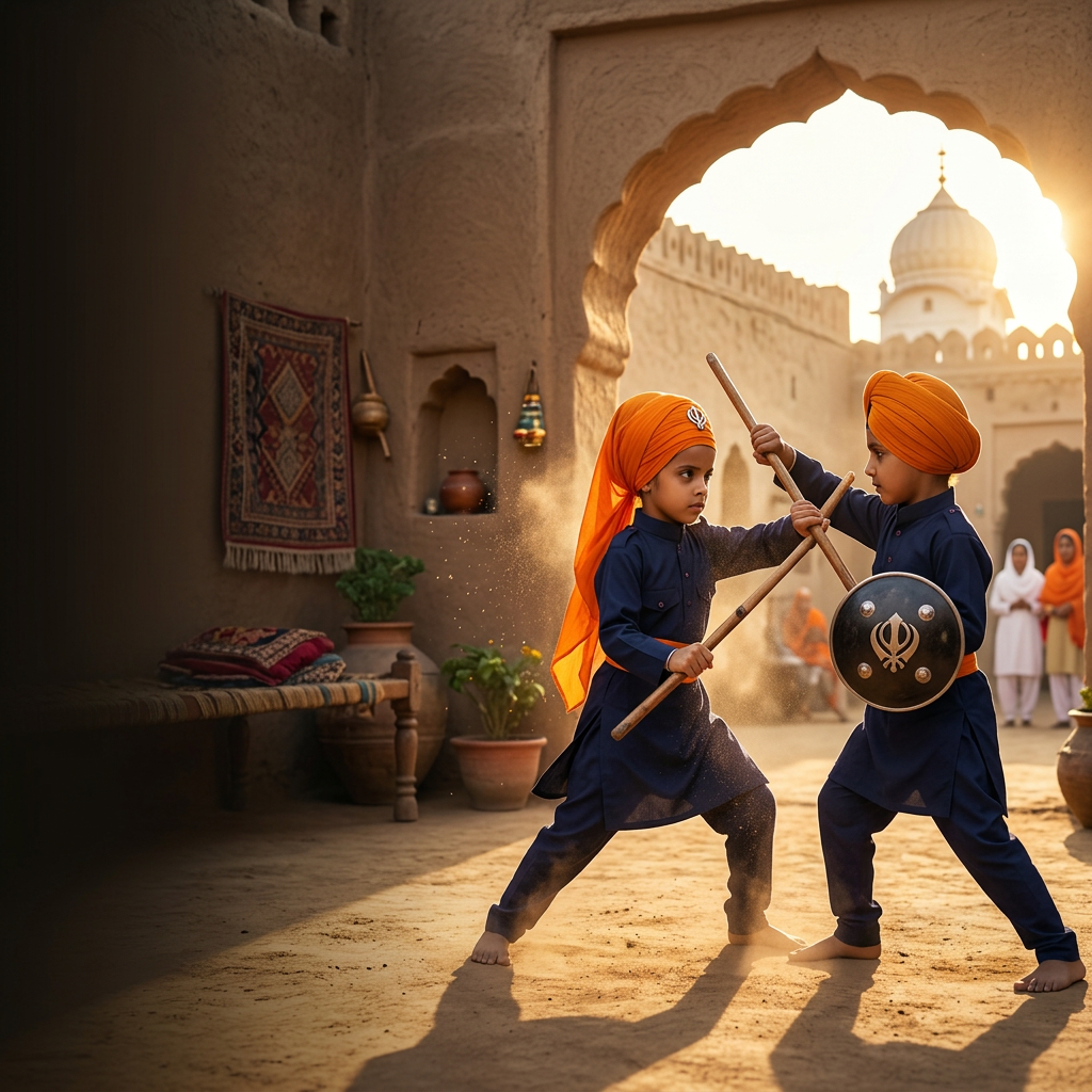 firefly reference images girl same dress performing gatka cover head with scarf at ,a boy an 796700