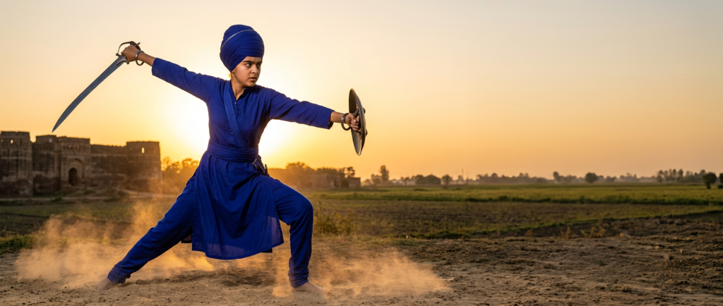 firefly performing gatka at sunset, cinematic sikh warrior scene, talwar and shield action po 796700